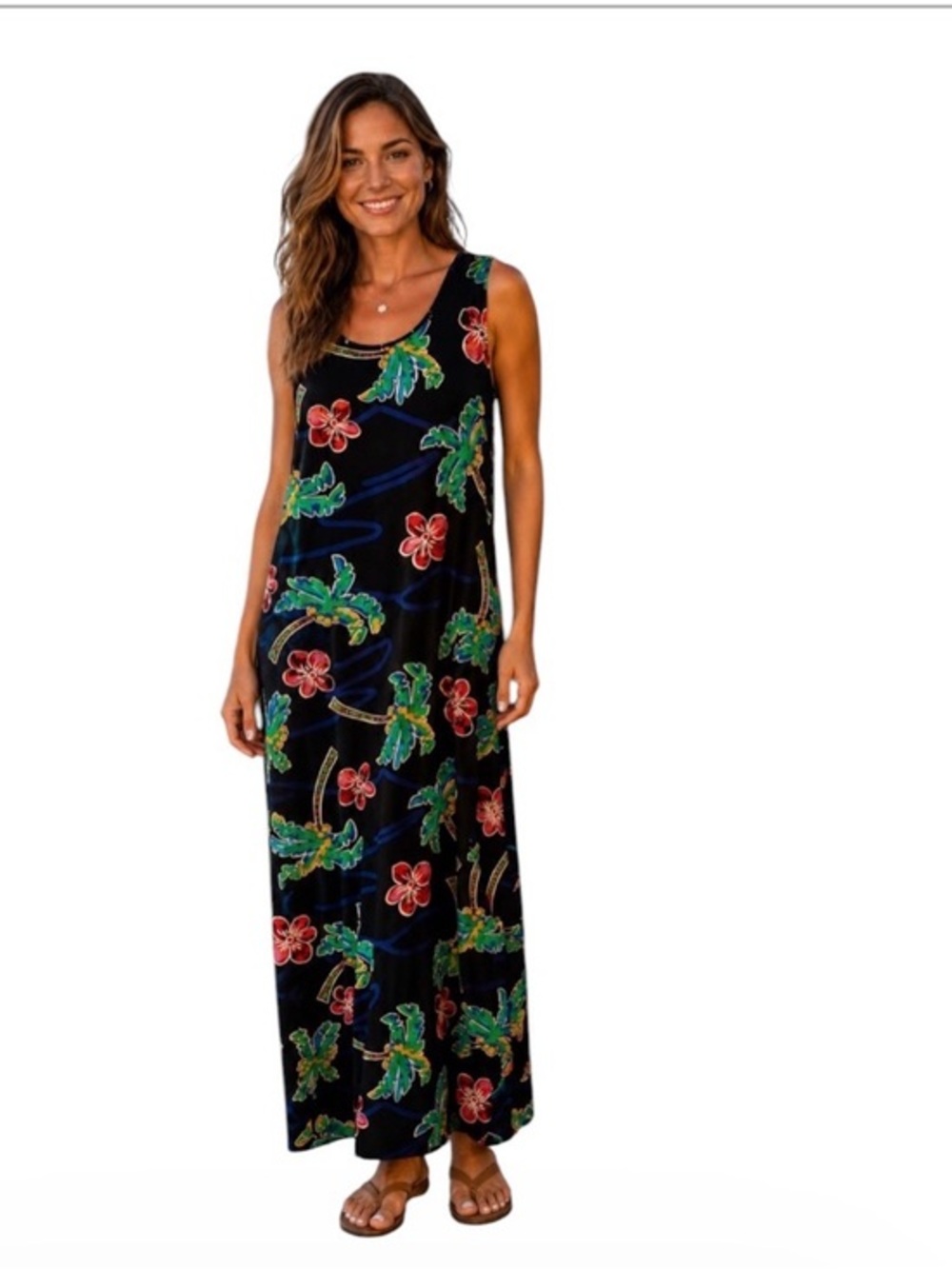 Ho Aloha Hawaiian Tropical Palm Tree Maxi Dress Large Coastal Resort